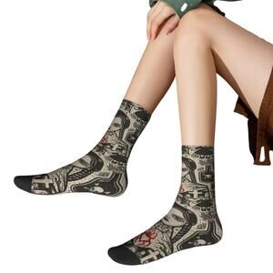 Wednesday Addams Socks, Goth Character Print Crew Socks, Black Beige Red Accents